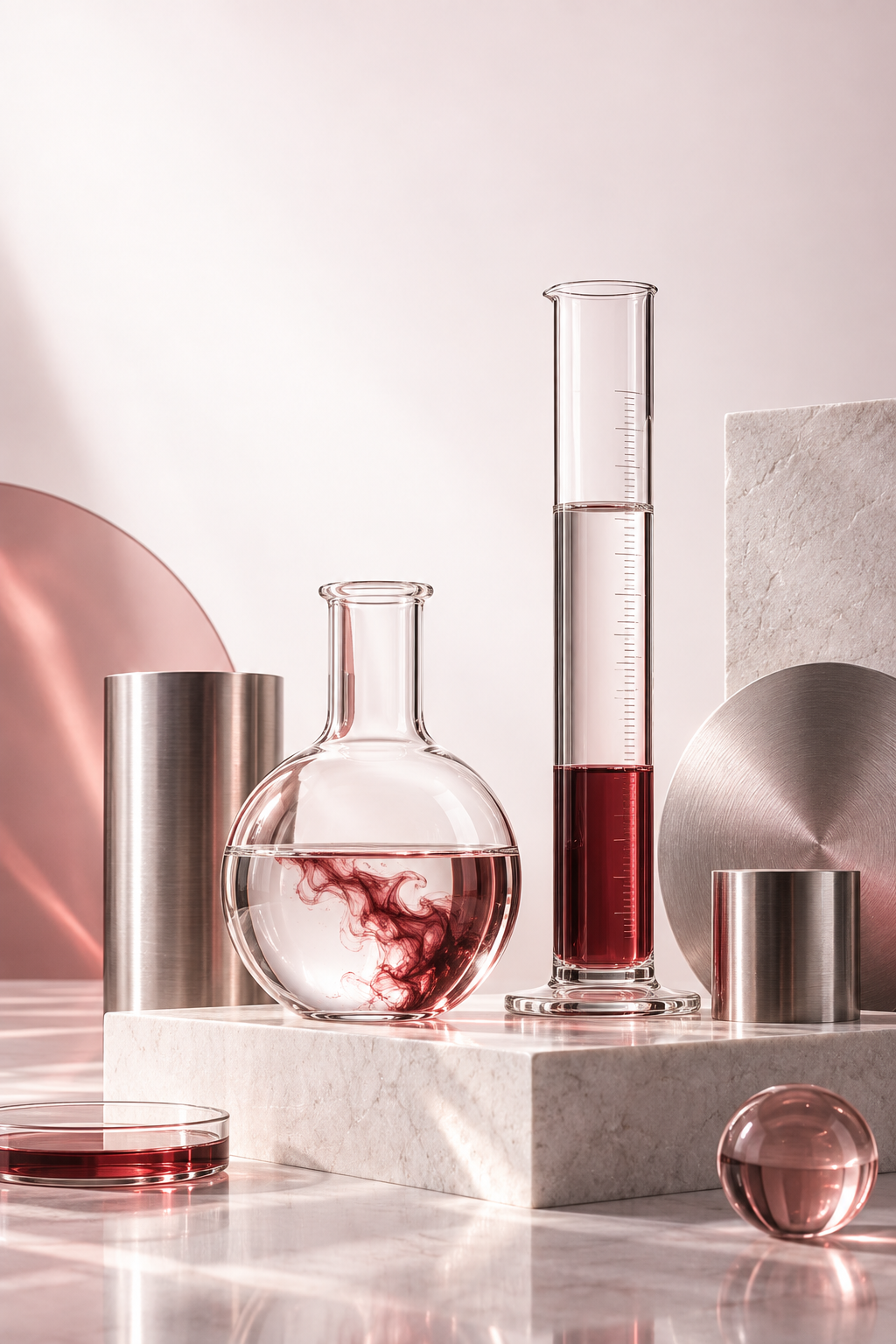 Conceptual glassware and stainless steel composition in burgundy and rose